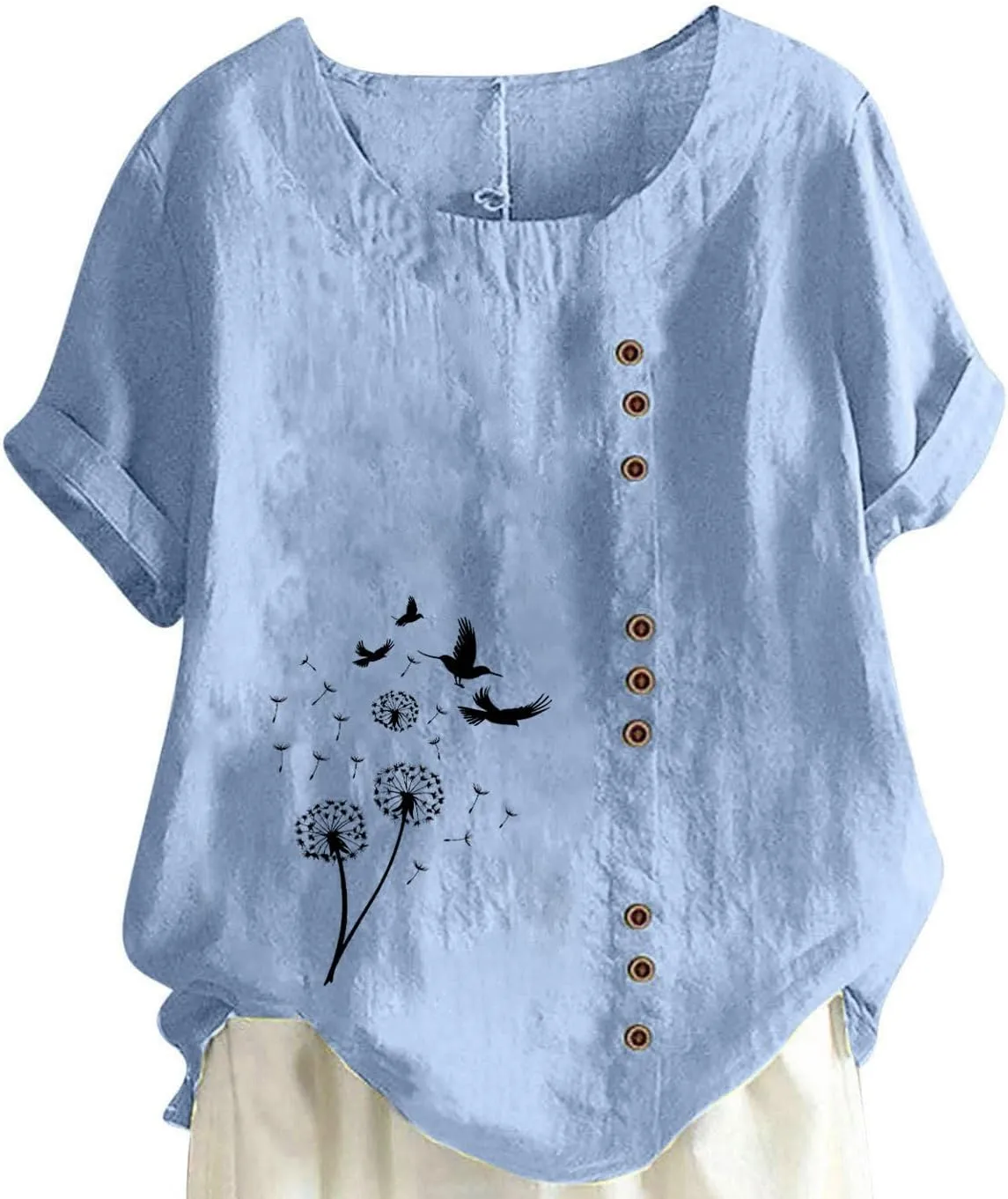 Women's Boho Floral Shirts Short Sleeve Crewneck Embroidery Blouse Button Down Loose Fit Summer T Shirt Linen Tunic