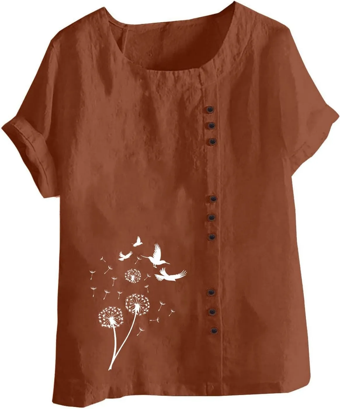 Women's Boho Floral Shirts Short Sleeve Crewneck Embroidery Blouse Button Down Loose Fit Summer T Shirt Linen Tunic