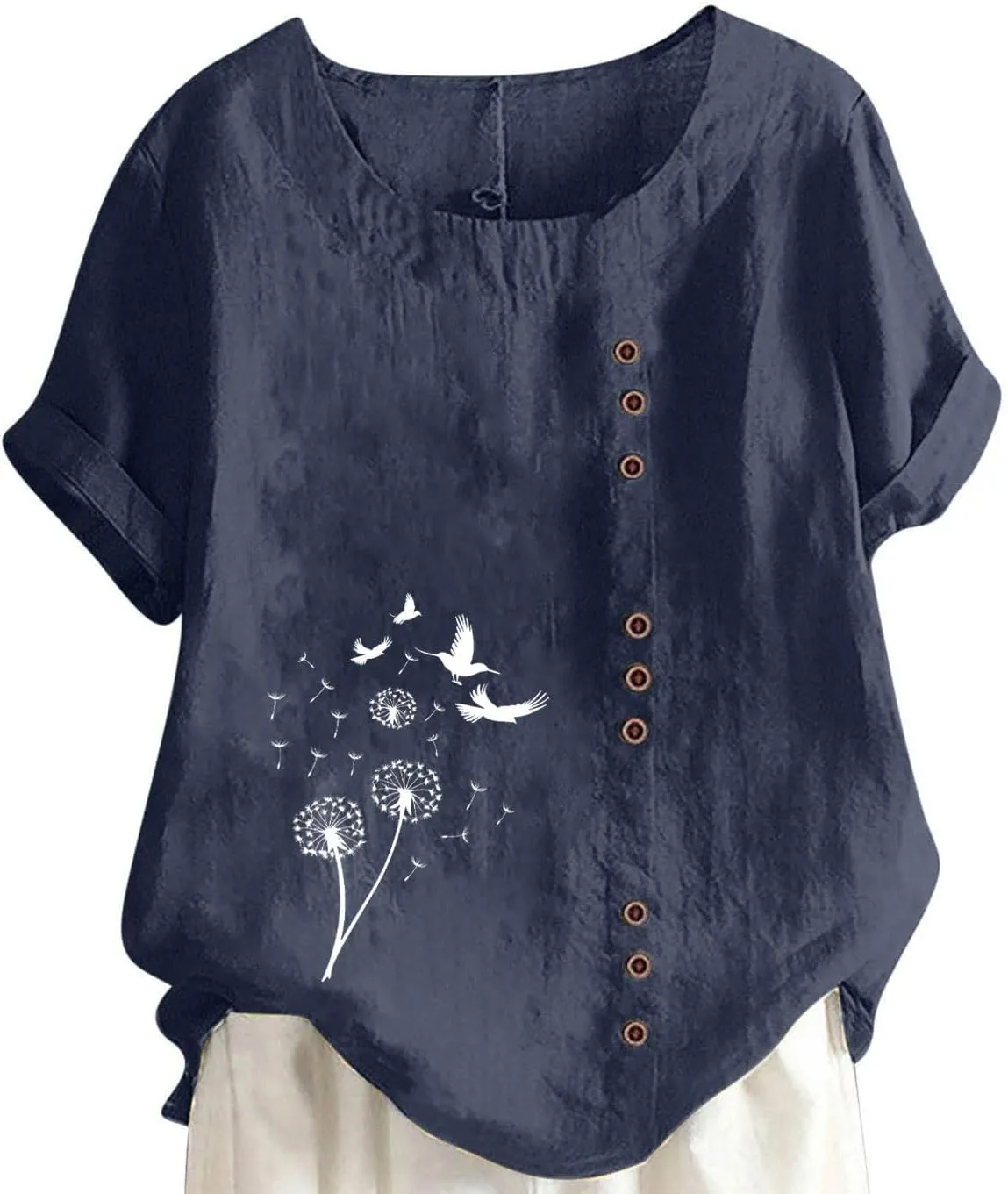 Women's Boho Floral Shirts Short Sleeve Crewneck Embroidery Blouse Button Down Loose Fit Summer T Shirt Linen Tunic