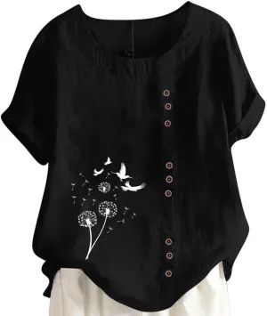 Women's Boho Floral Shirts Short Sleeve Crewneck Embroidery Blouse Button Down Loose Fit Summer T Shirt Linen Tunic