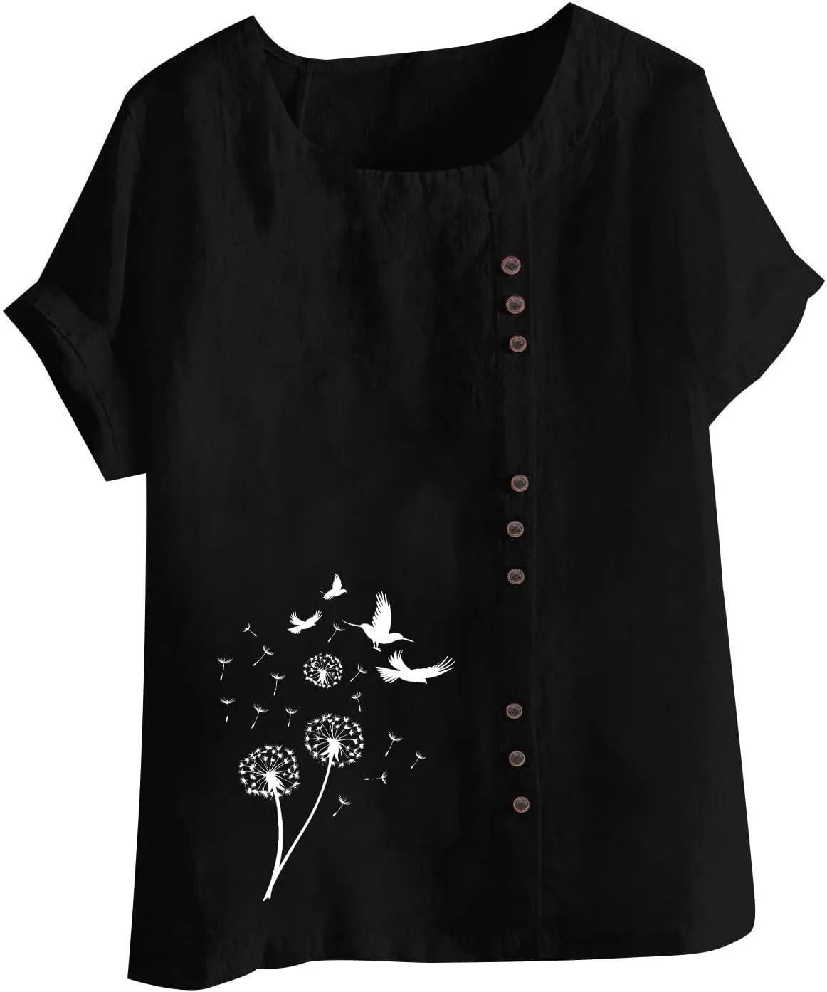 Women's Boho Floral Shirts Short Sleeve Crewneck Embroidery Blouse Button Down Loose Fit Summer T Shirt Linen Tunic