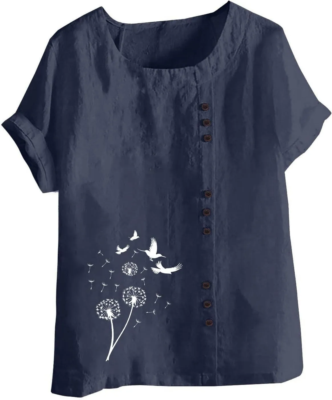 Women's Boho Floral Shirts Short Sleeve Crewneck Embroidery Blouse Button Down Loose Fit Summer T Shirt Linen Tunic