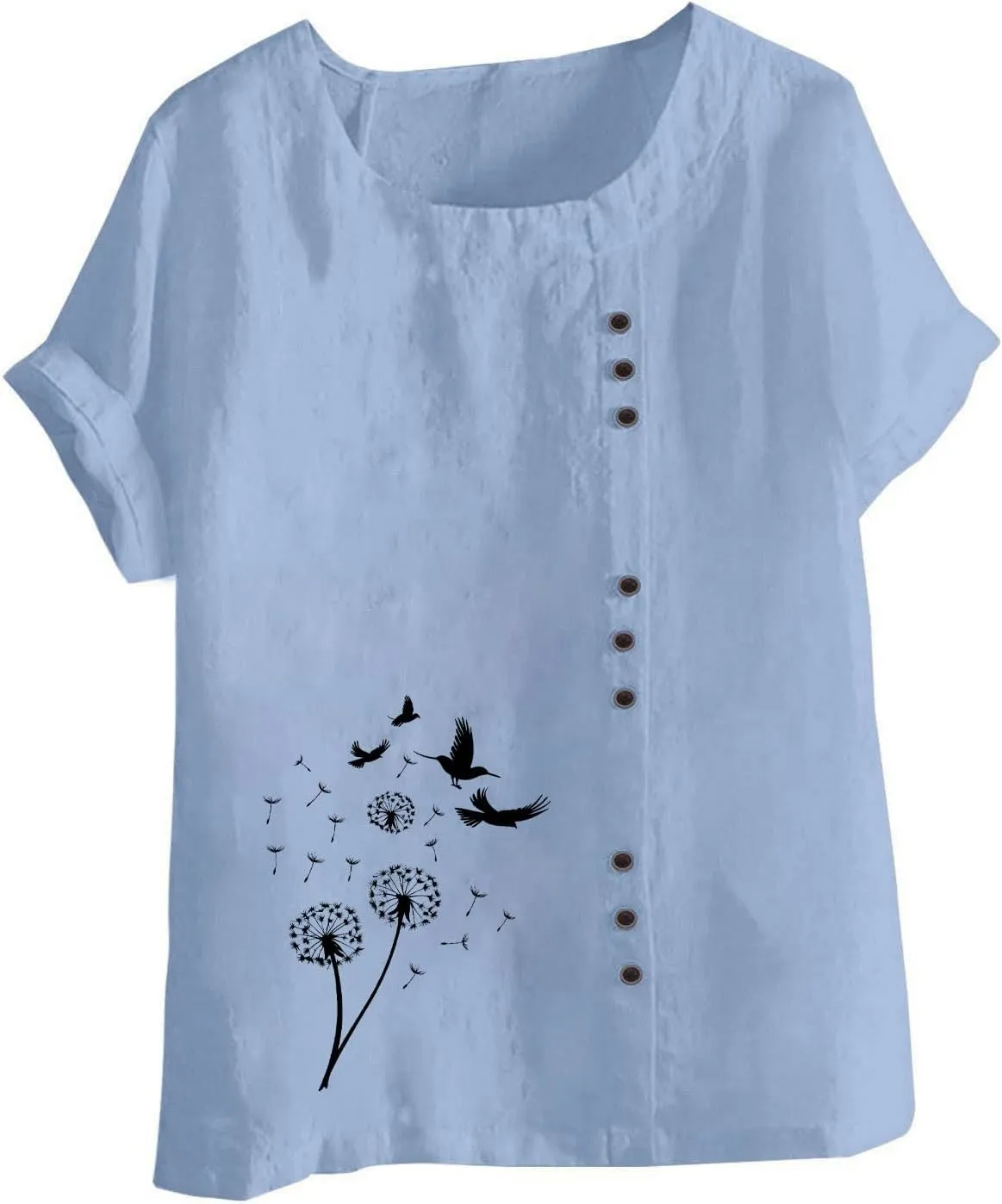 Women's Boho Floral Shirts Short Sleeve Crewneck Embroidery Blouse Button Down Loose Fit Summer T Shirt Linen Tunic