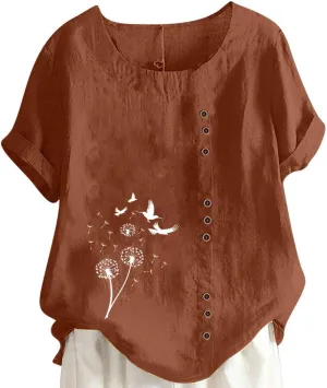 Women's Boho Floral Shirts Short Sleeve Crewneck Embroidery Blouse Button Down Loose Fit Summer T Shirt Linen Tunic