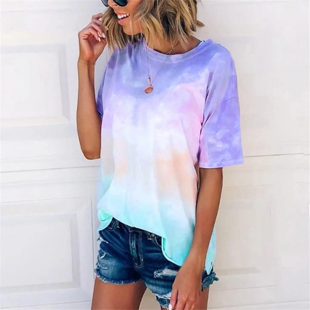 Women's Casual Crewneck Short Sleeve Tops Tie Dye Oversized T Shirt Graphic Tee Top Loose Fit Oversized Basic Tees