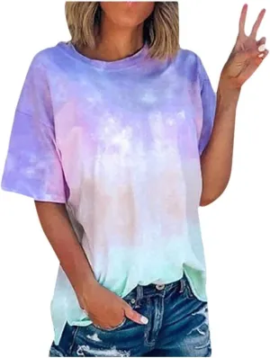 Women's Casual Crewneck Short Sleeve Tops Tie Dye Oversized T Shirt Graphic Tee Top Loose Fit Oversized Basic Tees