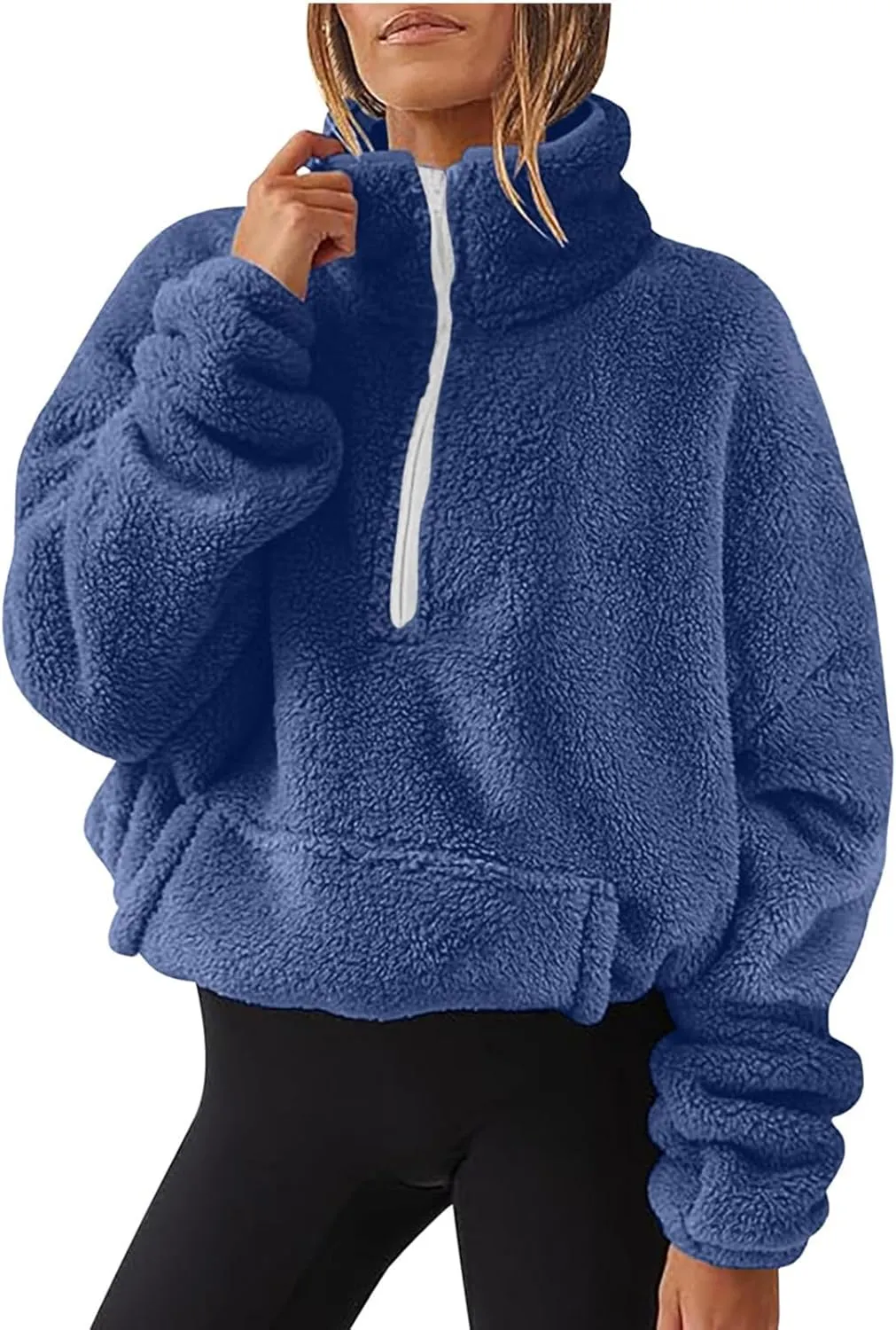 Womens Casual Zip Up Sweatshirt Long Sleeve 2024 Fall Polar Fleece Pullovers Loose Fit Solid Hoodies With Pockets