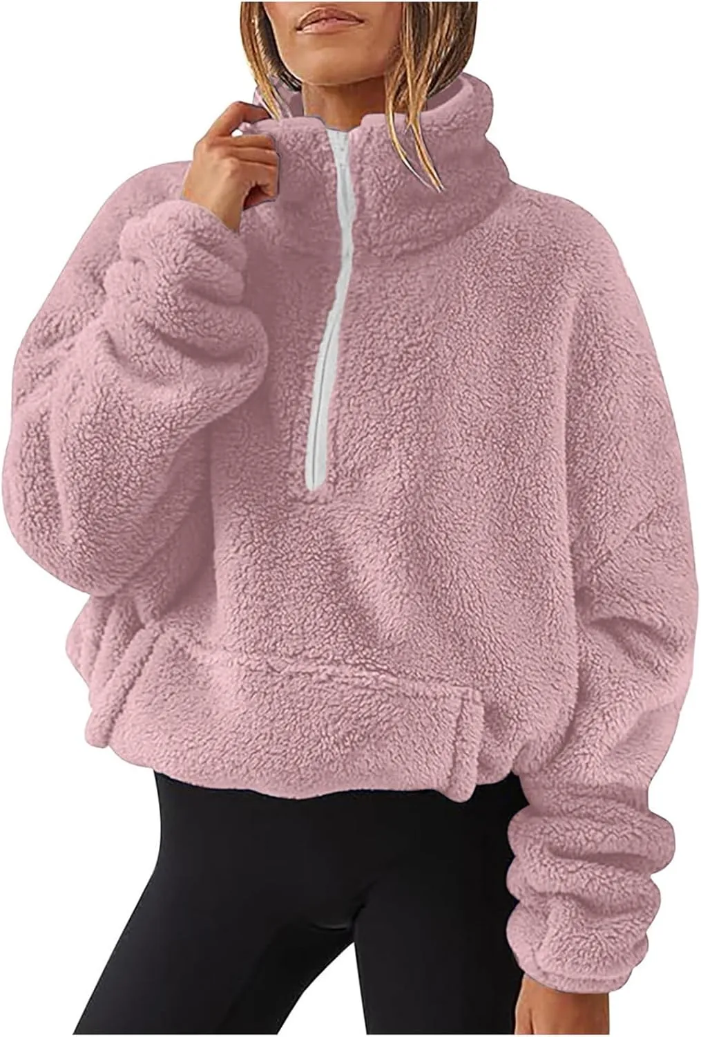 Womens Casual Zip Up Sweatshirt Long Sleeve 2024 Fall Polar Fleece Pullovers Loose Fit Solid Hoodies With Pockets