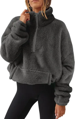Womens Casual Zip Up Sweatshirt Long Sleeve 2024 Fall Polar Fleece Pullovers Loose Fit Solid Hoodies With Pockets