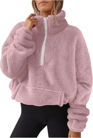 Womens Casual Zip Up Sweatshirt Long Sleeve 2024 Fall Polar Fleece Pullovers Loose Fit Solid Hoodies With Pockets