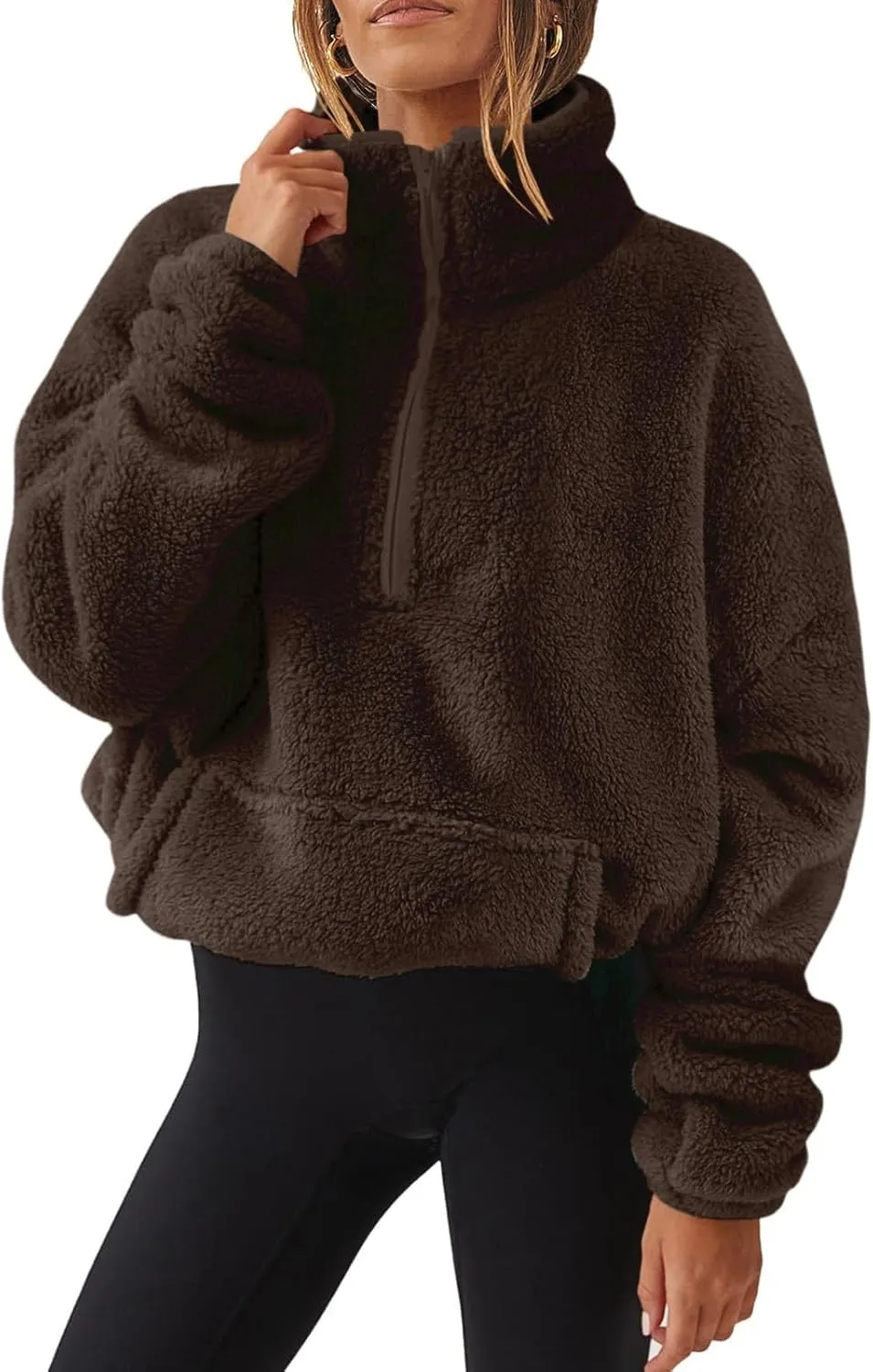 Womens Casual Zip Up Sweatshirt Long Sleeve 2024 Fall Polar Fleece Pullovers Loose Fit Solid Hoodies With Pockets