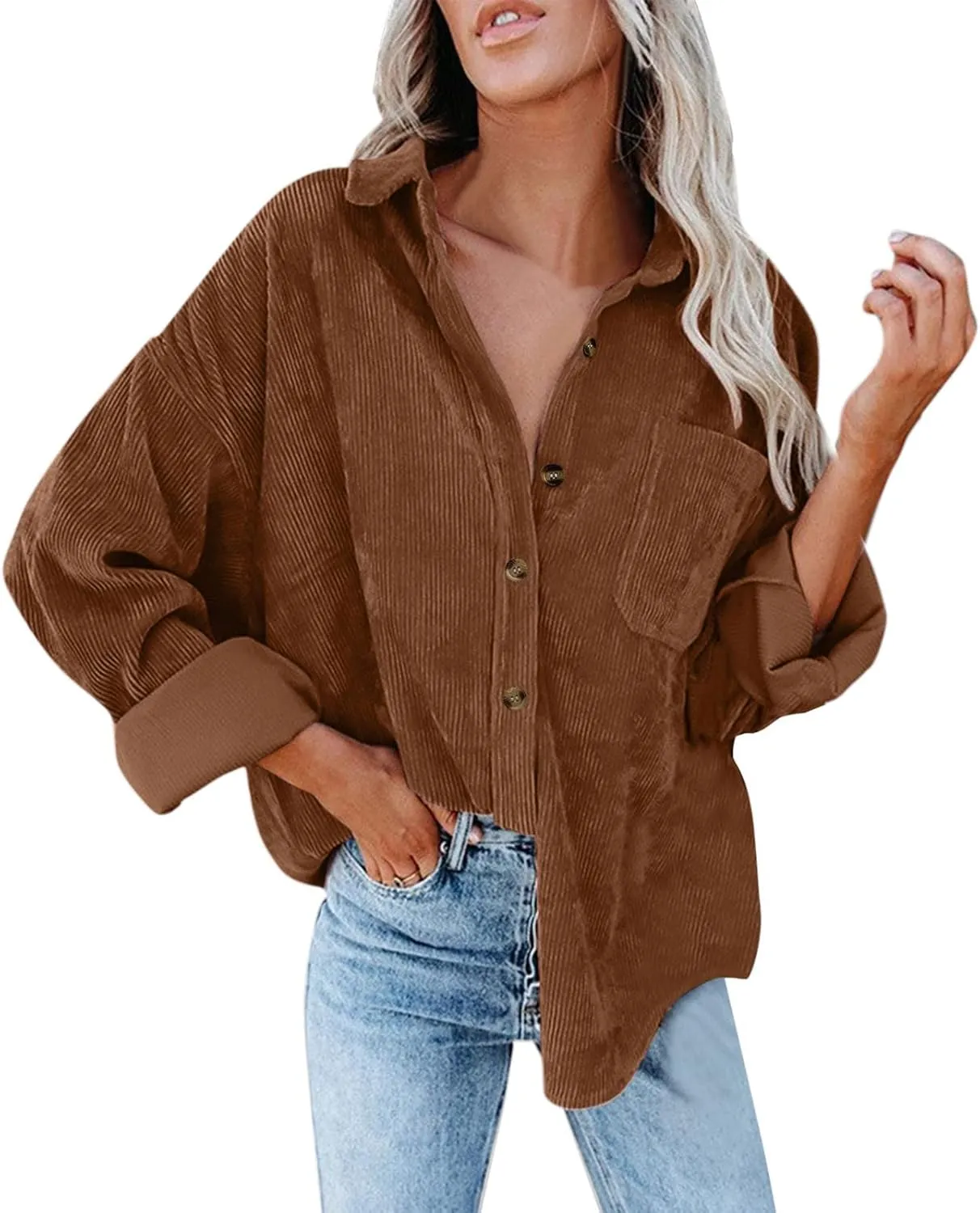 Womens Corduroy Shirts Fall Loose Lapel Buttoned Roll Up Long Sleeve Solid Color Casual Blouse Dressy Business Tunics
