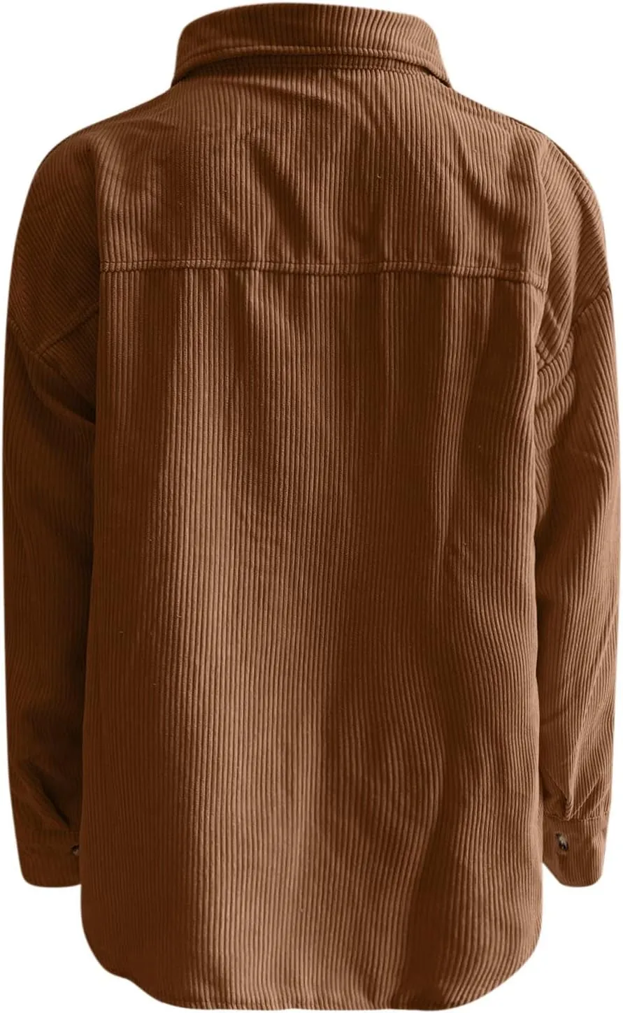 Womens Corduroy Shirts Fall Loose Lapel Buttoned Roll Up Long Sleeve Solid Color Casual Blouse Dressy Business Tunics