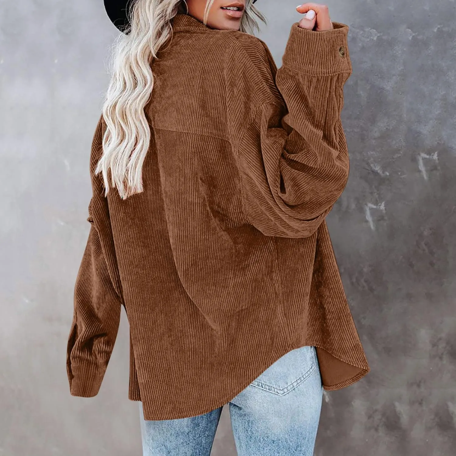 Womens Corduroy Shirts Fall Loose Lapel Buttoned Roll Up Long Sleeve Solid Color Casual Blouse Dressy Business Tunics