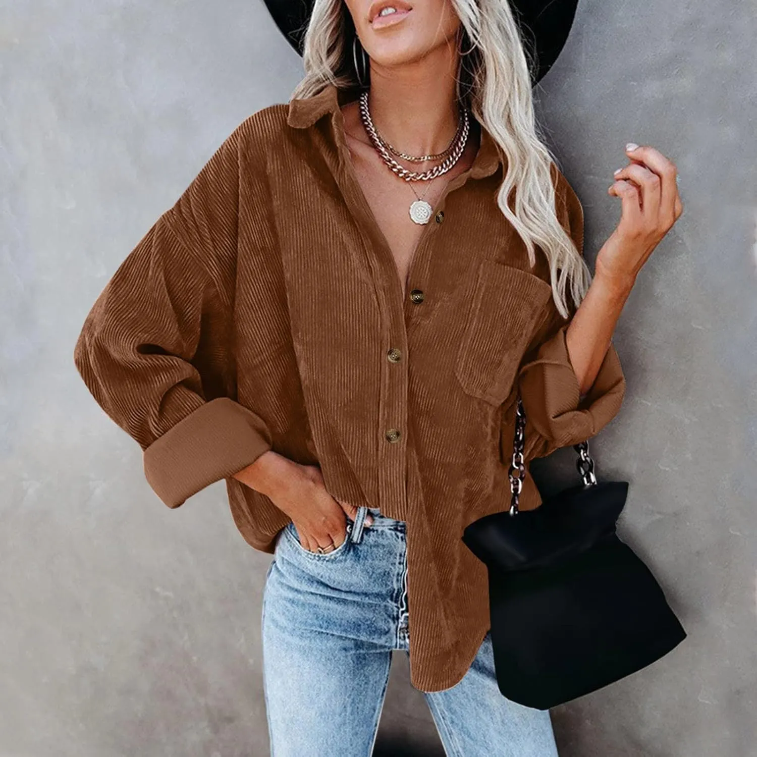 Womens Corduroy Shirts Fall Loose Lapel Buttoned Roll Up Long Sleeve Solid Color Casual Blouse Dressy Business Tunics