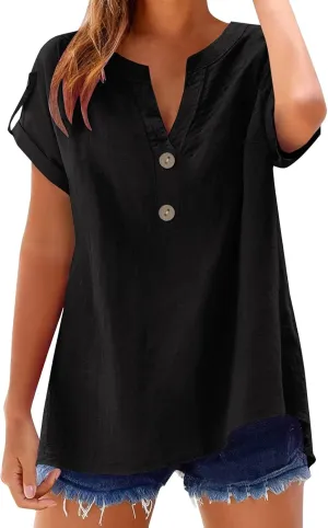 Womens Cotton Linen Tops Short Sleeve V Neck Soft Button Down Tops 2025 Spring Summer Plus Size Blouses Dressy S-5XL