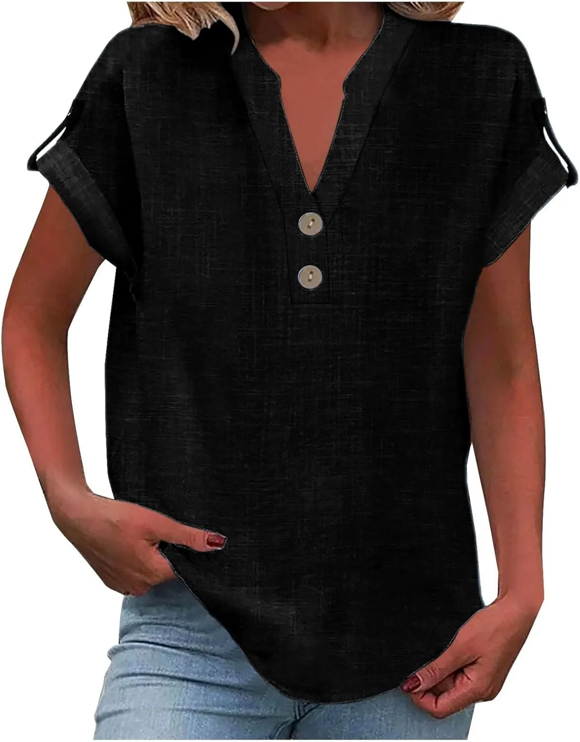 Womens Cotton Linen Tops Short Sleeve V Neck Soft Button Down Tops 2025 Spring Summer Plus Size Blouses Dressy S-5XL