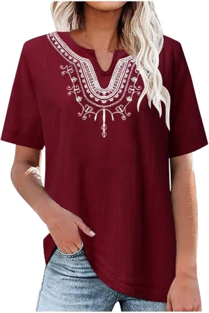 Women's Embroidered Blouses Cotton Linen Short Sleeve Peasant Boho Tunic Tops Casual Notch V Neck Loose Fit T-Shirt