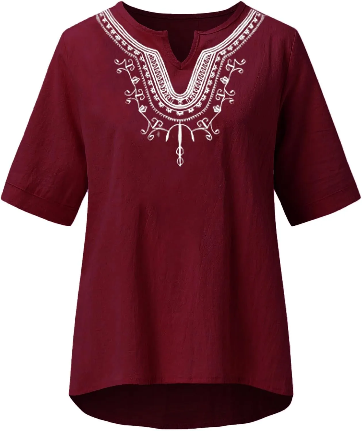 Women's Embroidered Blouses Cotton Linen Short Sleeve Peasant Boho Tunic Tops Casual Notch V Neck Loose Fit T-Shirt