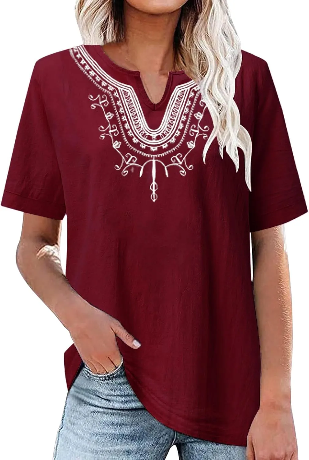 Women's Embroidered Blouses Cotton Linen Short Sleeve Peasant Boho Tunic Tops Casual Notch V Neck Loose Fit T-Shirt