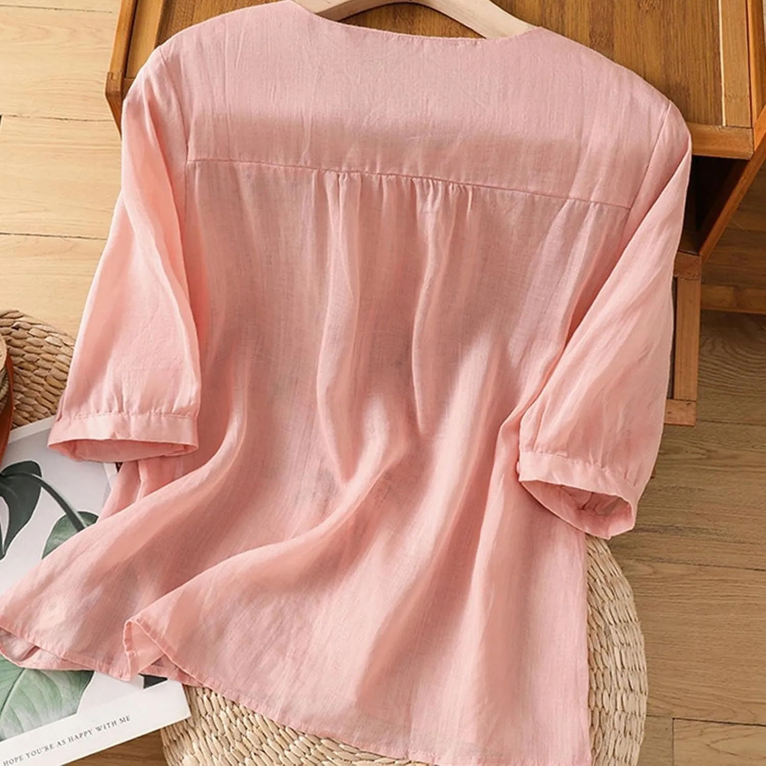Womens Floral Embroidered Tops 3/4 Sleeve Boho Cotton Blouse Plus Size Summer Flowy Ethnic Style Peasent Henley Shirt