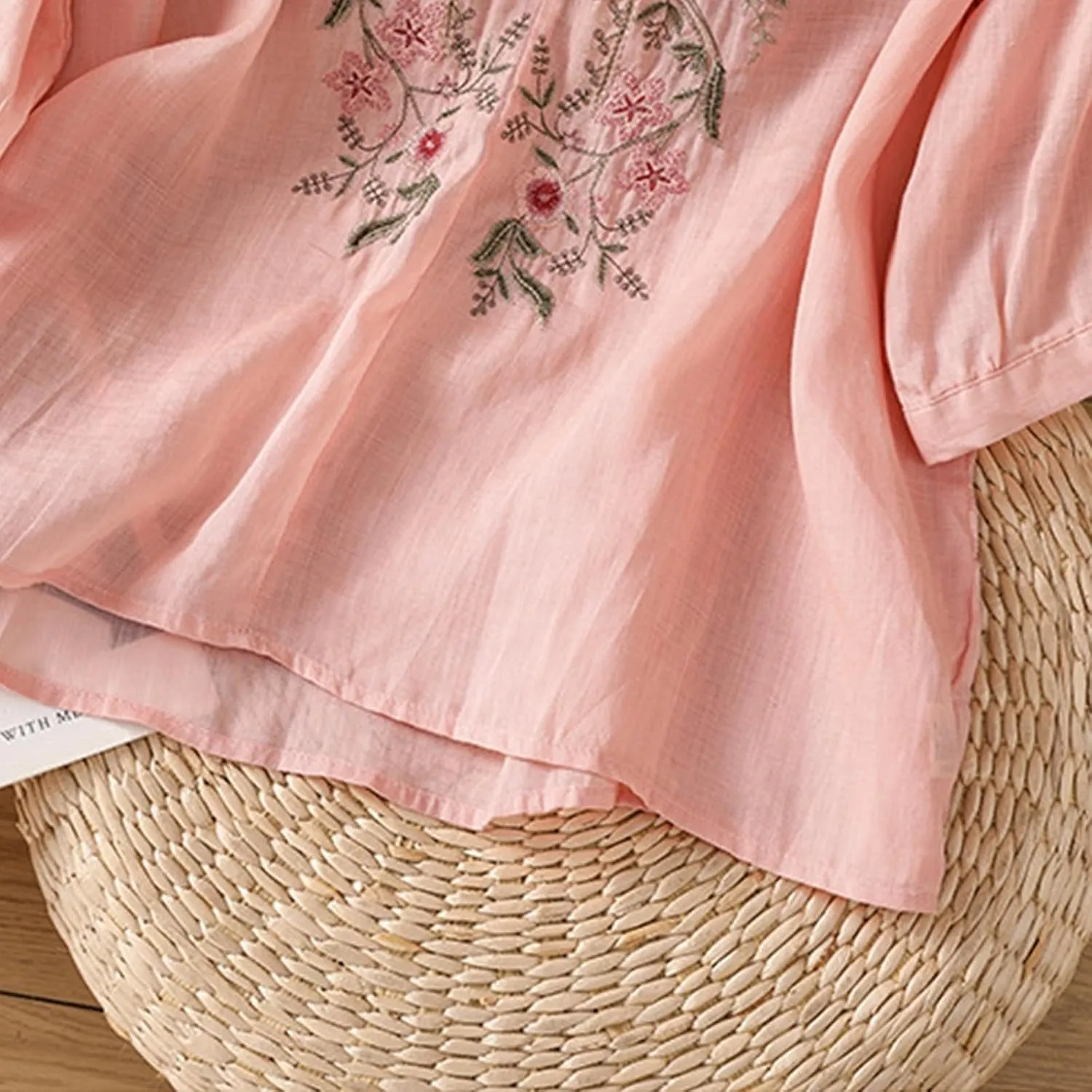 Womens Floral Embroidered Tops 3/4 Sleeve Boho Cotton Blouse Plus Size Summer Flowy Ethnic Style Peasent Henley Shirt