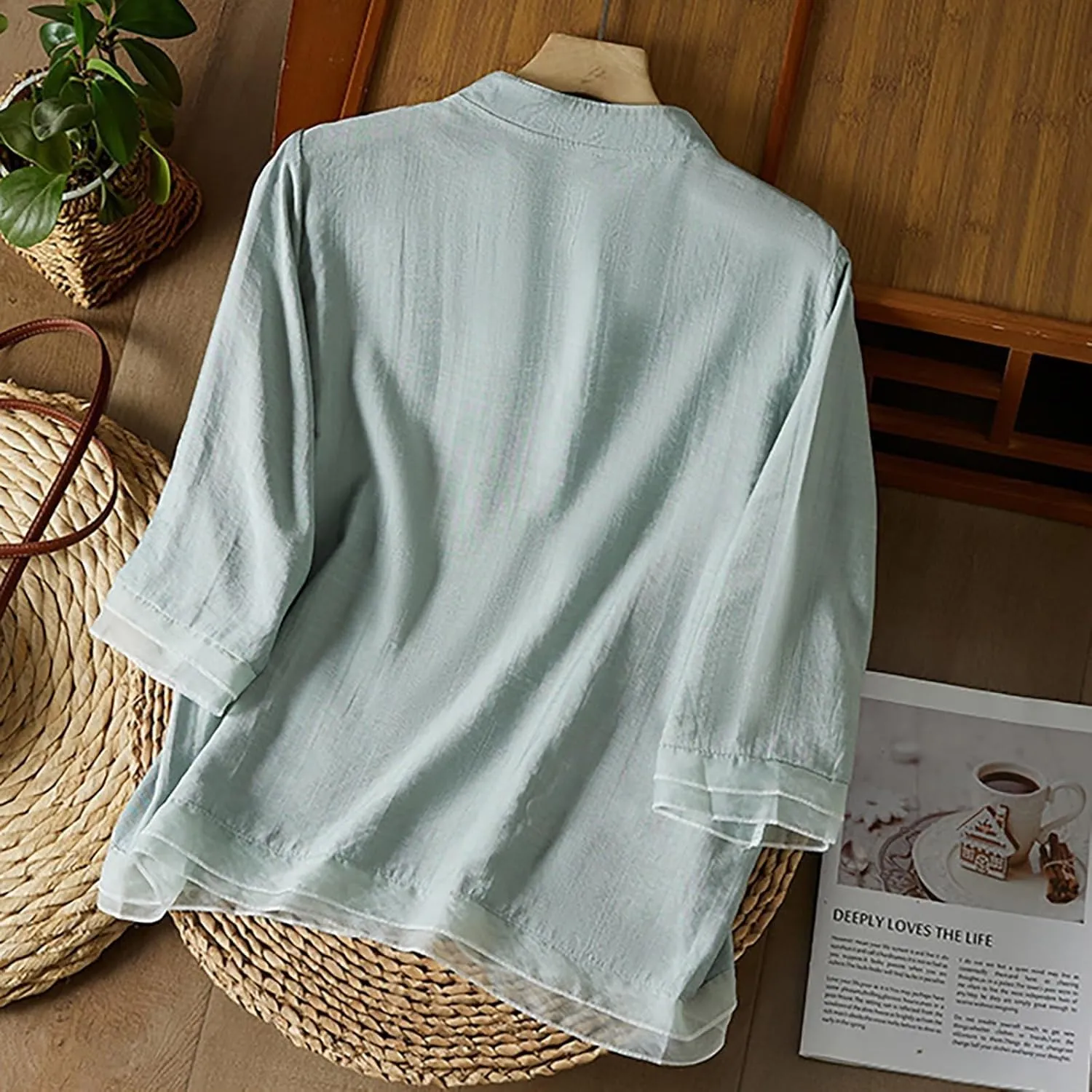 Womens Floral Embroidered Tops 3/4 Sleeve Boho Cotton Blouse Plus Size Summer Flowy Ethnic Style Peasent Henley Shirt