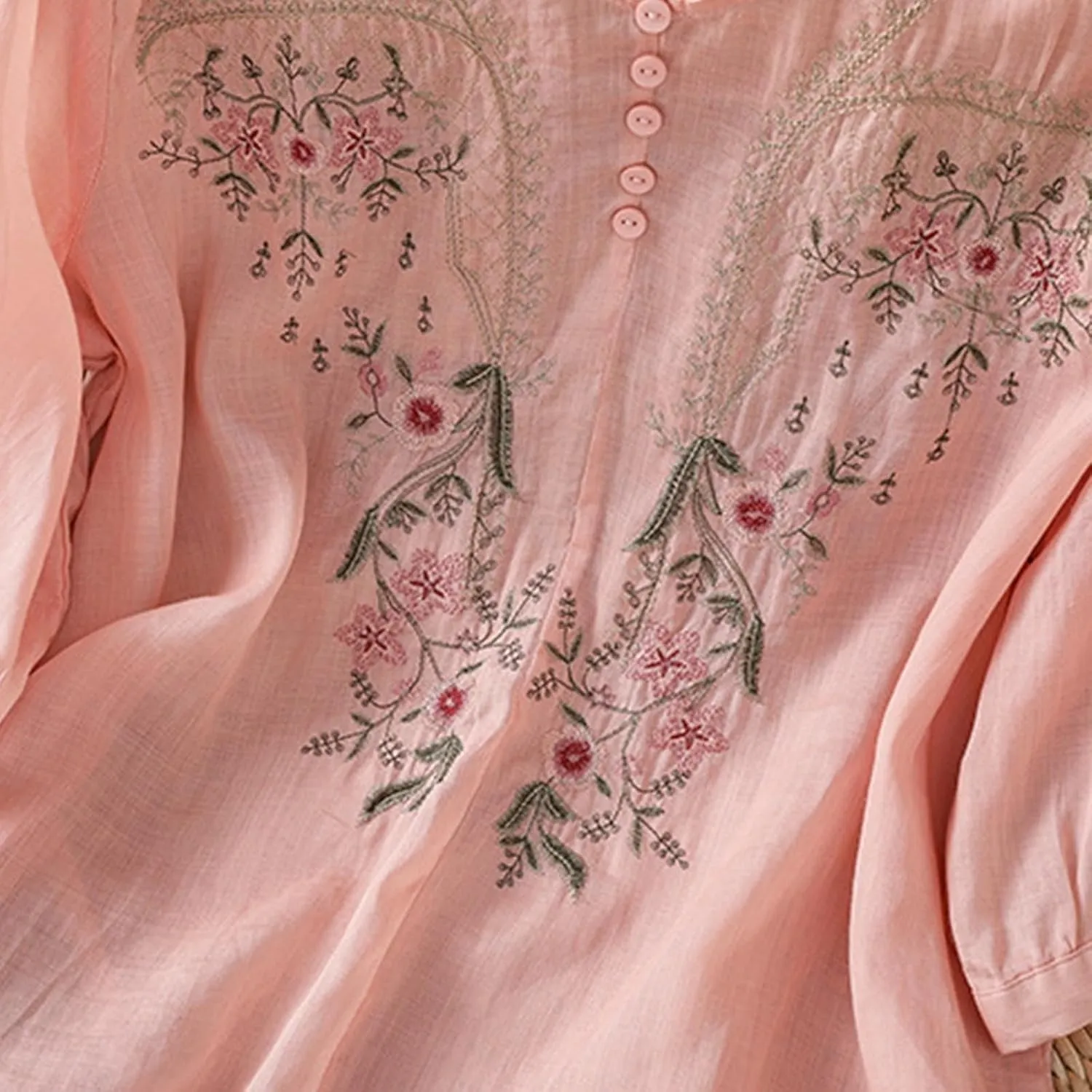 Womens Floral Embroidered Tops 3/4 Sleeve Boho Cotton Blouse Plus Size Summer Flowy Ethnic Style Peasent Henley Shirt