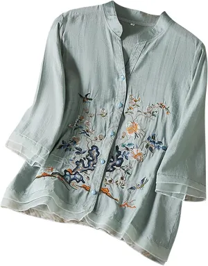 Womens Floral Embroidered Tops 3/4 Sleeve Boho Cotton Blouse Plus Size Summer Flowy Ethnic Style Peasent Henley Shirt