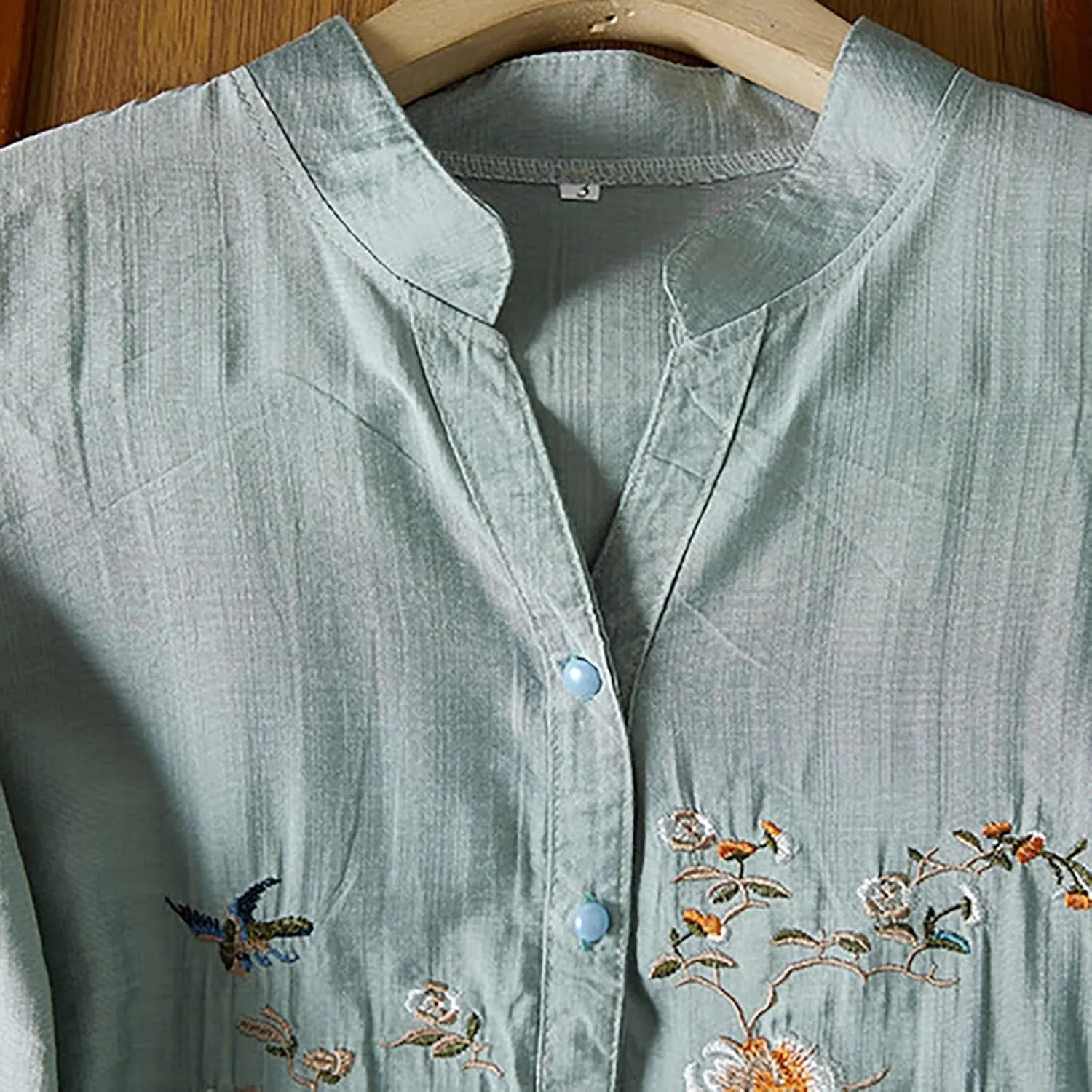 Womens Floral Embroidered Tops 3/4 Sleeve Boho Cotton Blouse Plus Size Summer Flowy Ethnic Style Peasent Henley Shirt