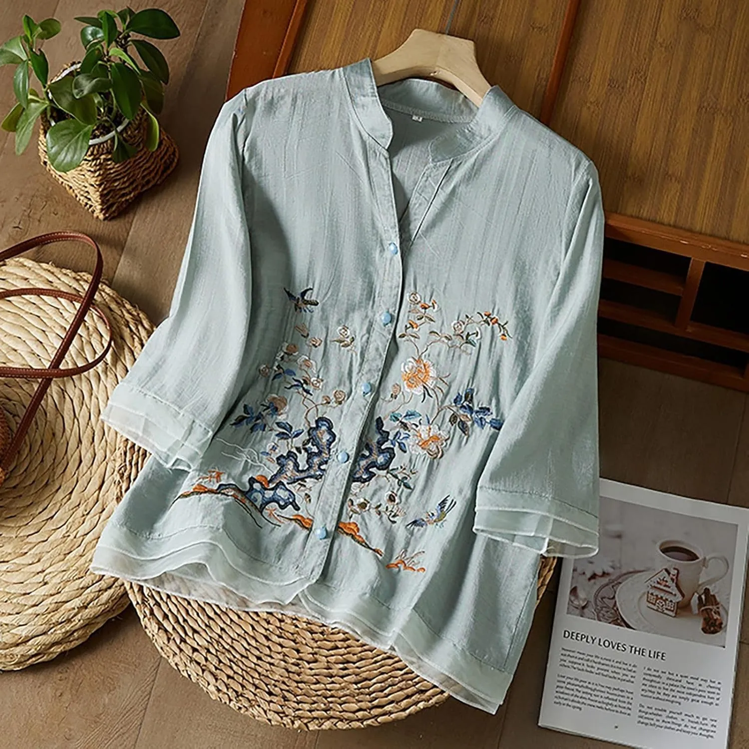 Womens Floral Embroidered Tops 3/4 Sleeve Boho Cotton Blouse Plus Size Summer Flowy Ethnic Style Peasent Henley Shirt