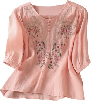 Womens Floral Embroidered Tops 3/4 Sleeve Boho Cotton Blouse Plus Size Summer Flowy Ethnic Style Peasent Henley Shirt