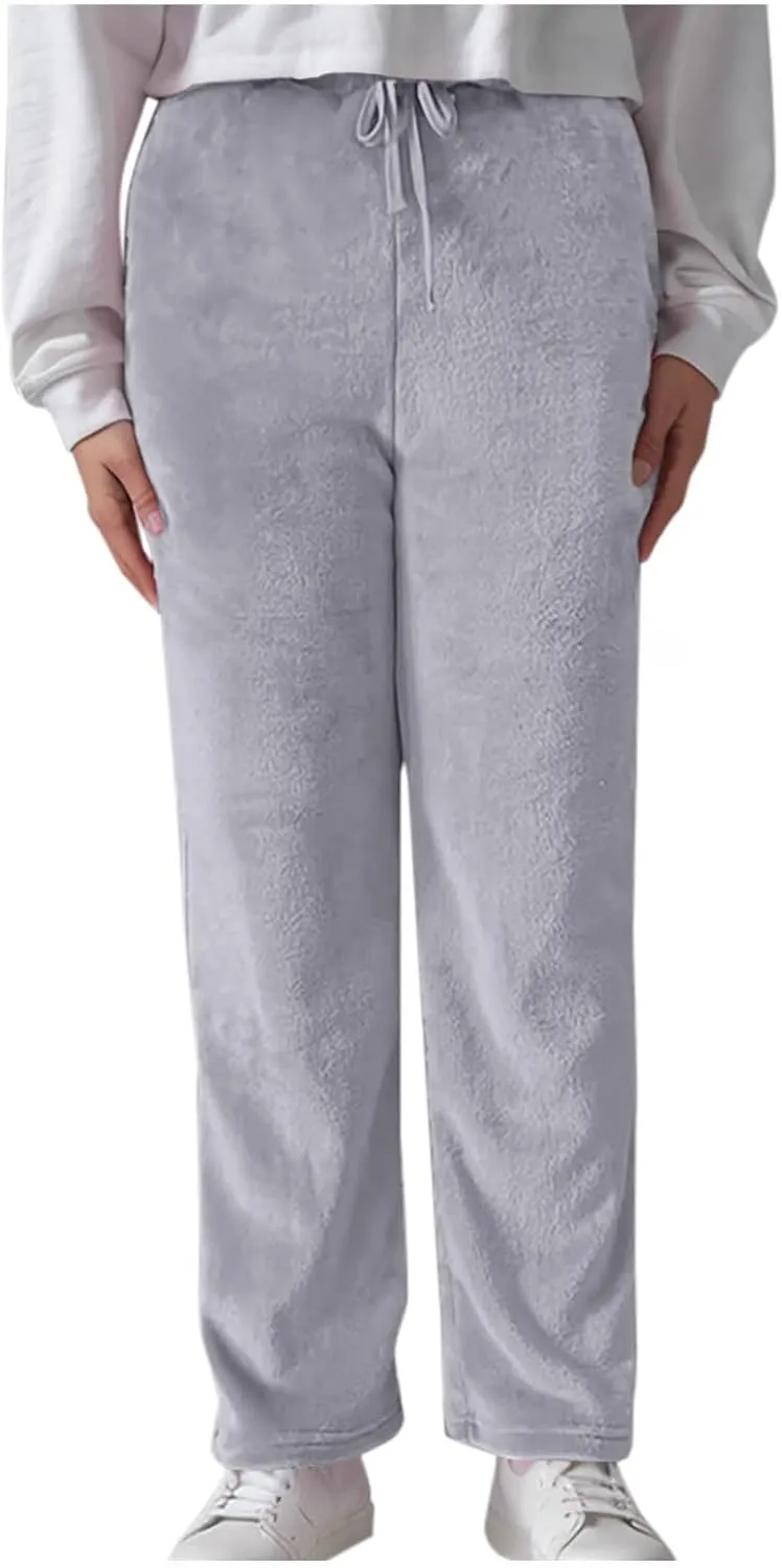 Womens Fuzzy Fleece Sweatpants Winter Warm Wide Leg Lounge Pants Comfy Soft Sherpa Pajama Sleepwear with Pockets
