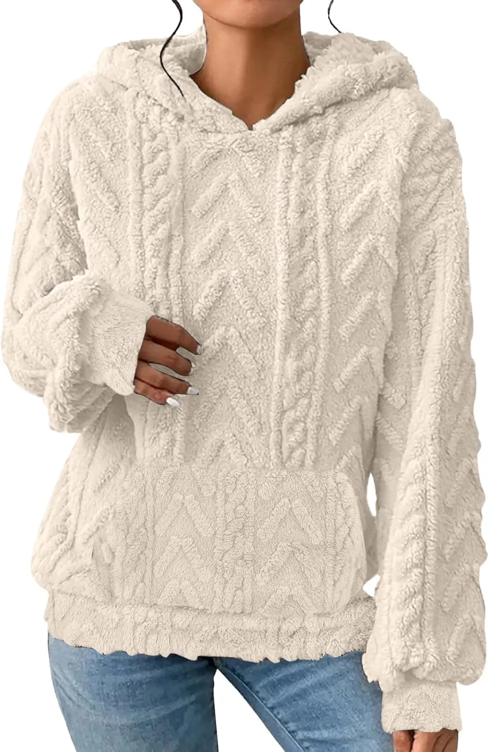 Womens Fuzzy Sherpa Pullover Hoodie Sweatshirts Long Sleeve Sport Front Pocket Sweaters Fall Outwear Winter Hooded