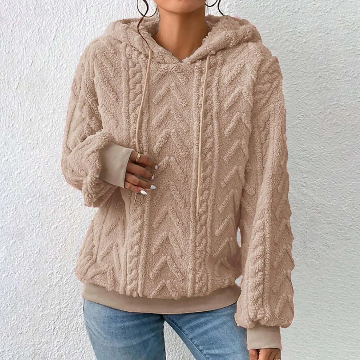 Womens Fuzzy Sherpa Pullover Hoodie Sweatshirts Long Sleeve Sport Front Pocket Sweaters Fall Outwear Winter Hooded