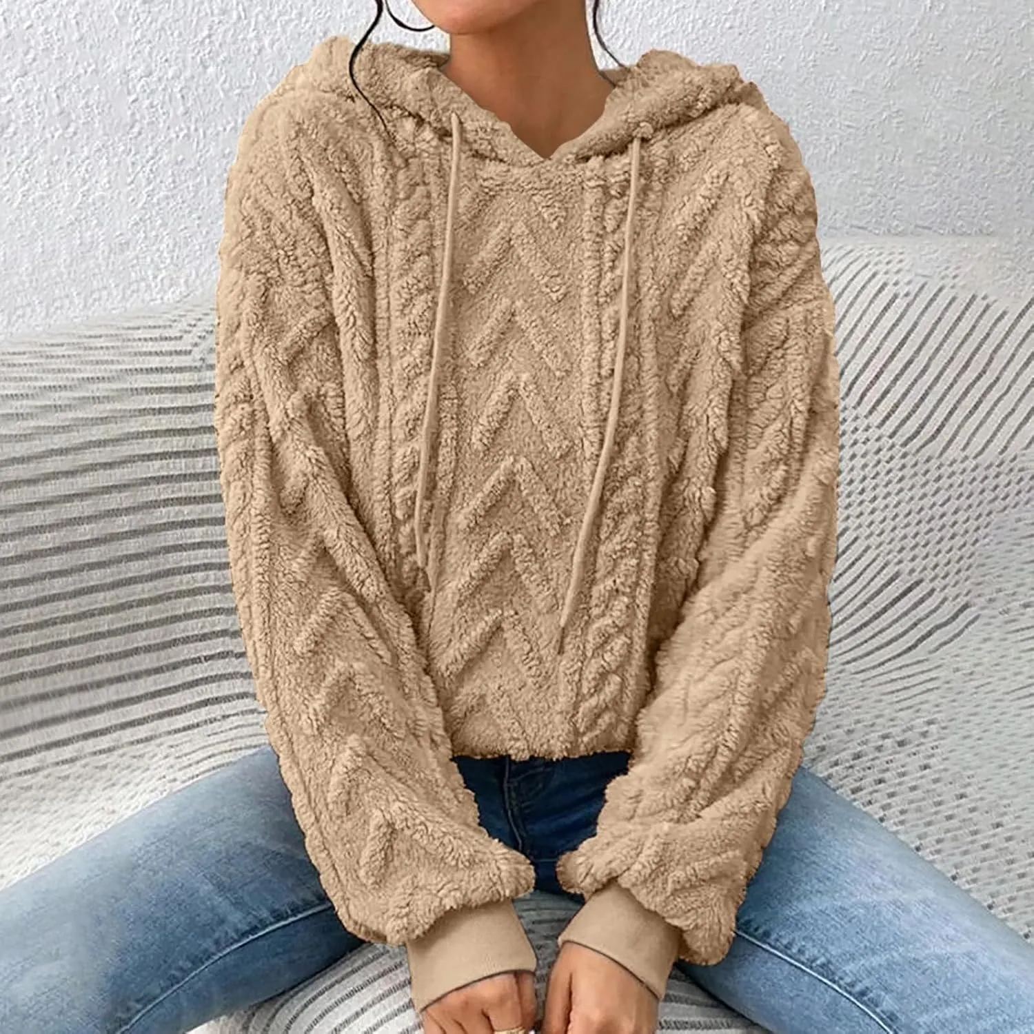 Womens Fuzzy Sherpa Pullover Hoodie Sweatshirts Long Sleeve Sport Front Pocket Sweaters Fall Outwear Winter Hooded