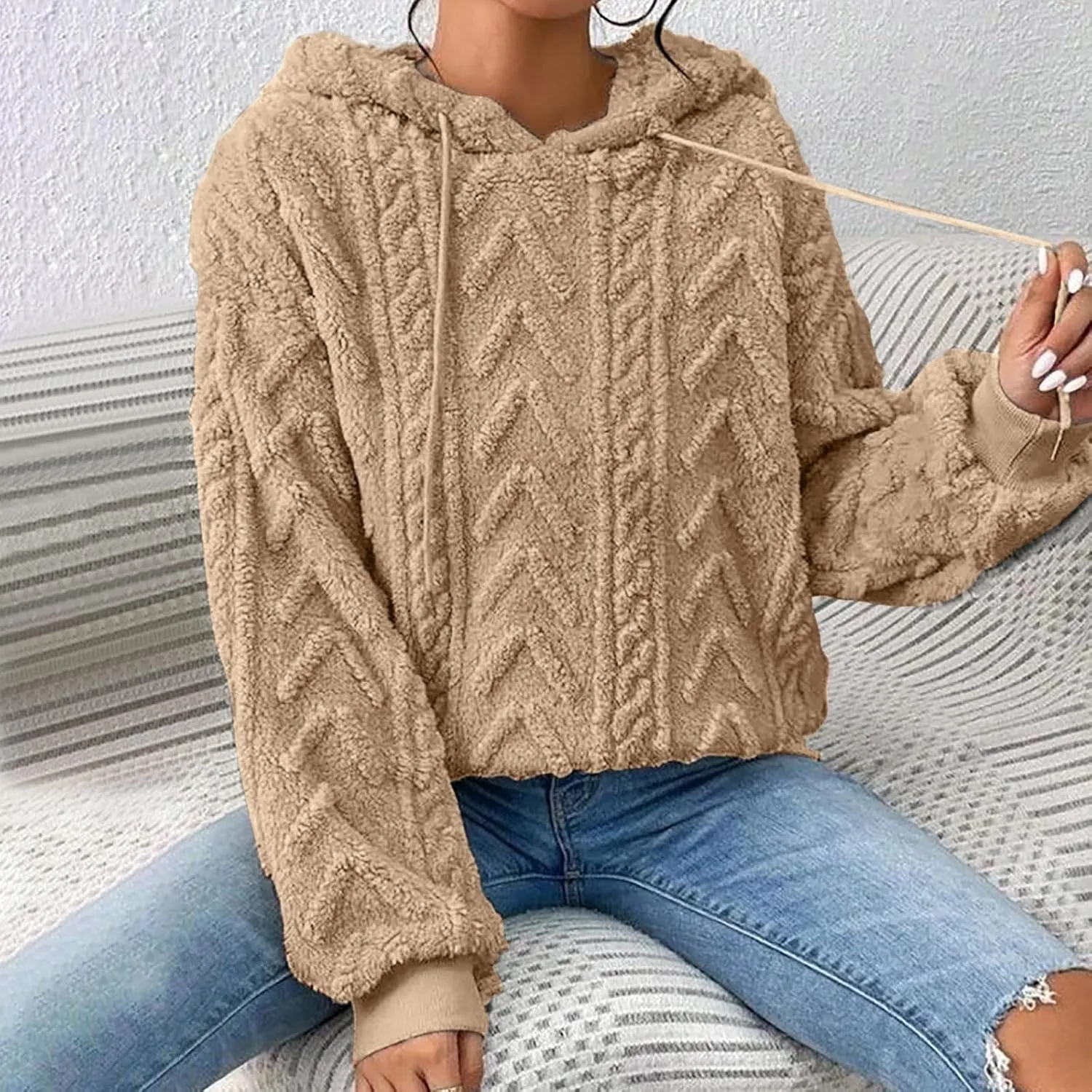 Womens Fuzzy Sherpa Pullover Hoodie Sweatshirts Long Sleeve Sport Front Pocket Sweaters Fall Outwear Winter Hooded