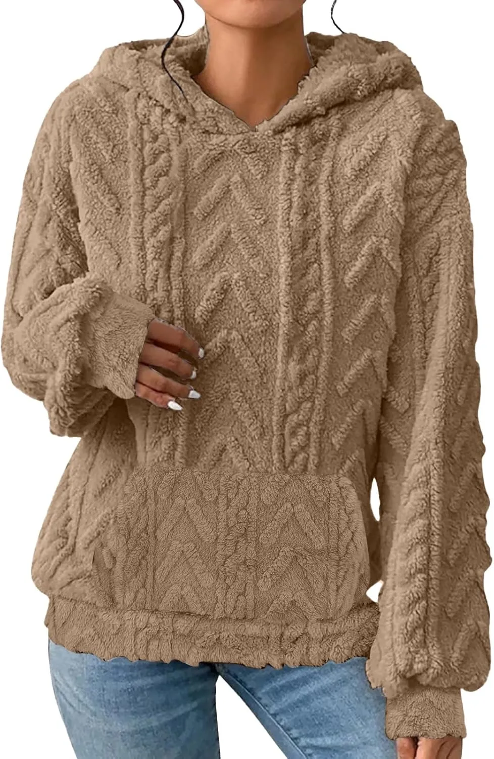 Womens Fuzzy Sherpa Pullover Hoodie Sweatshirts Long Sleeve Sport Front Pocket Sweaters Fall Outwear Winter Hooded