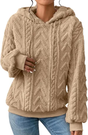 Womens Fuzzy Sherpa Pullover Hoodie Sweatshirts Long Sleeve Sport Front Pocket Sweaters Fall Outwear Winter Hooded