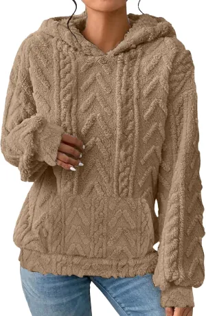 Womens Fuzzy Sherpa Pullover Hoodie Sweatshirts Long Sleeve Sport Front Pocket Sweaters Fall Outwear Winter Hooded