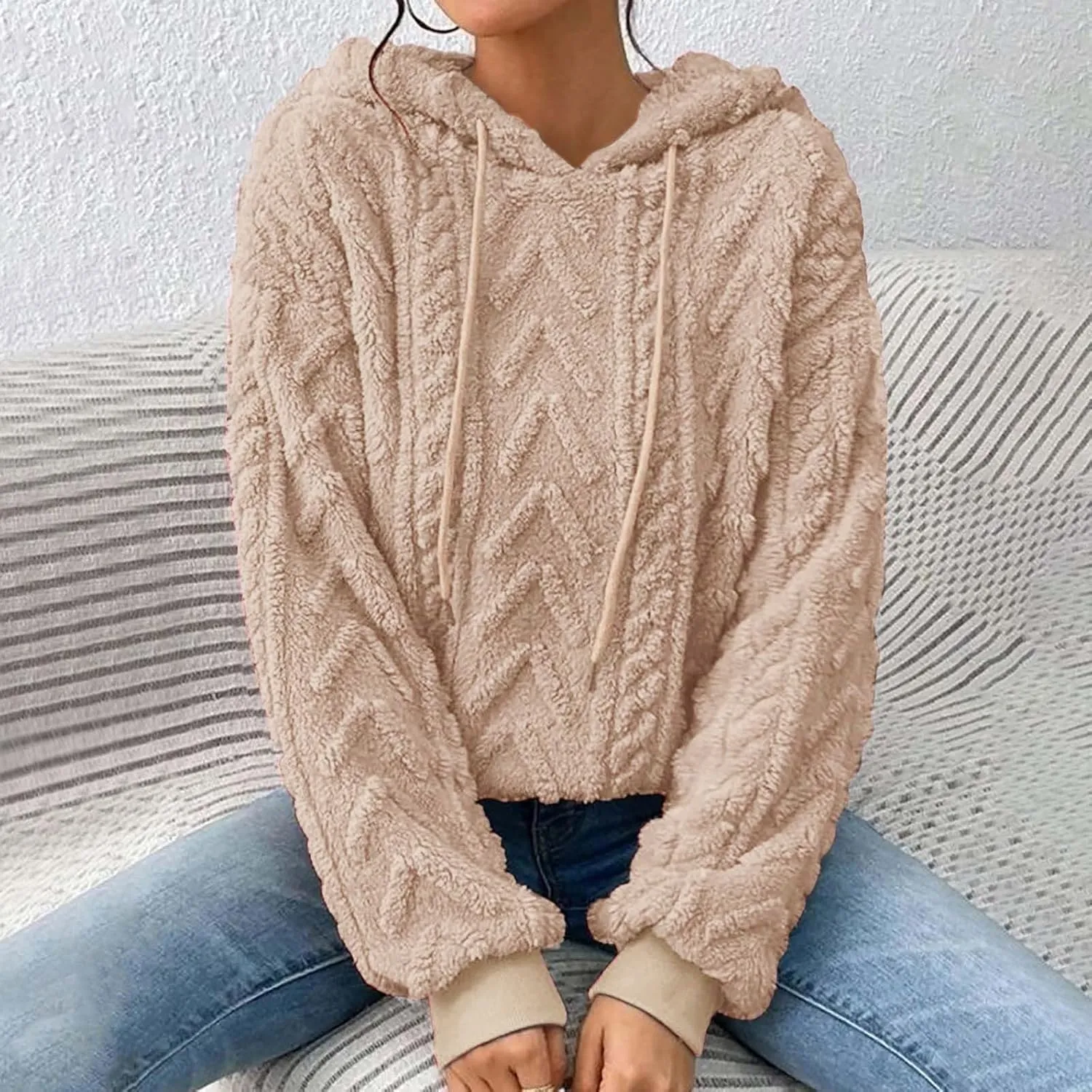 Womens Fuzzy Sherpa Pullover Hoodie Sweatshirts Long Sleeve Sport Front Pocket Sweaters Fall Outwear Winter Hooded