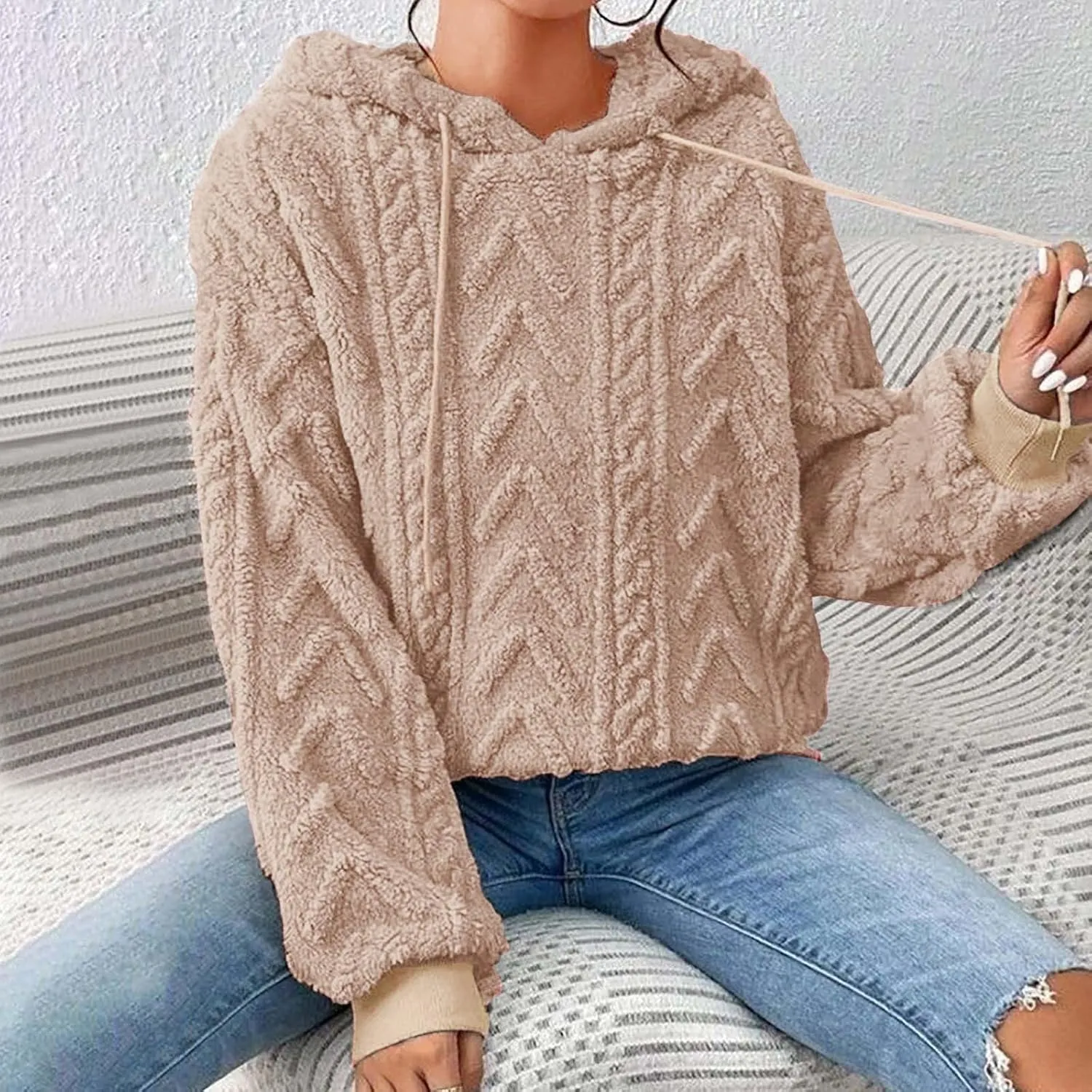 Womens Fuzzy Sherpa Pullover Hoodie Sweatshirts Long Sleeve Sport Front Pocket Sweaters Fall Outwear Winter Hooded