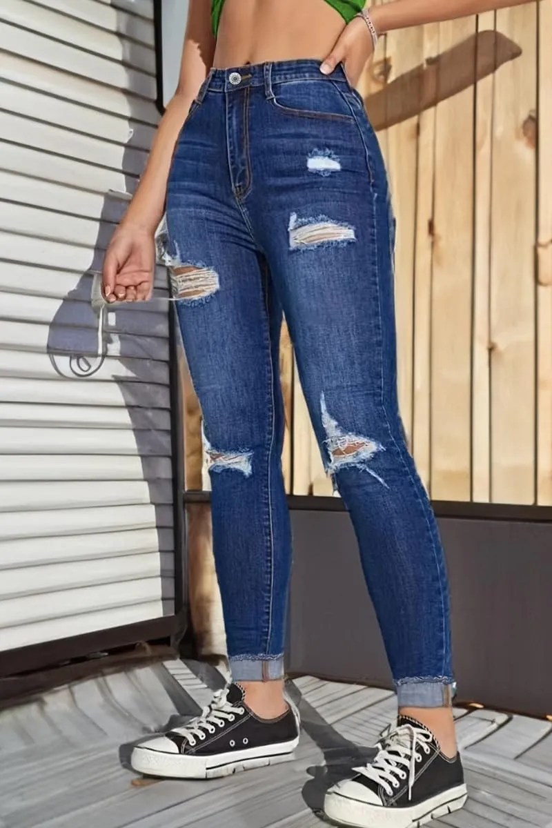 Women's High Rise Ripped Skinny Jeans Zipper Stretch Distressed Denim Pants