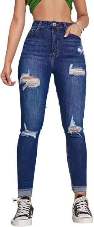 Women's High Rise Ripped Skinny Jeans Zipper Stretch Distressed Denim Pants