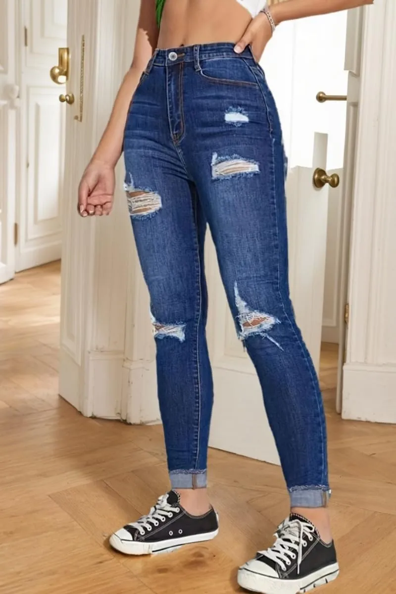 Women's High Rise Ripped Skinny Jeans Zipper Stretch Distressed Denim Pants