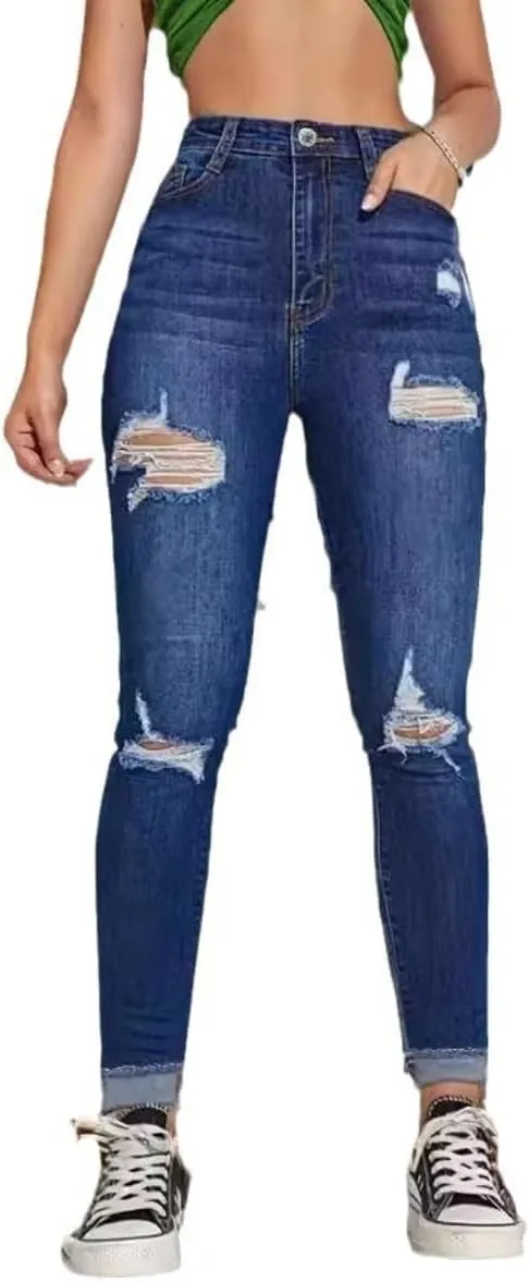 Women's High Rise Ripped Skinny Jeans Zipper Stretch Distressed Denim Pants