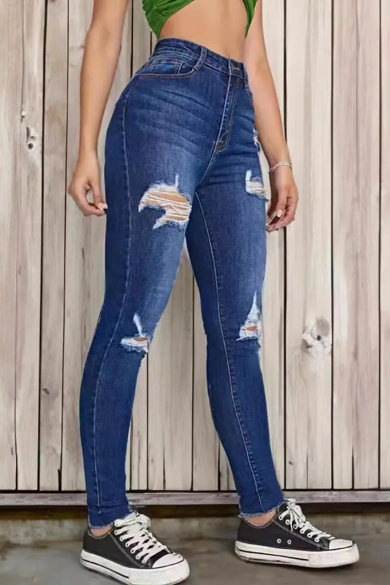 Women's High Rise Ripped Skinny Jeans Zipper Stretch Distressed Denim Pants