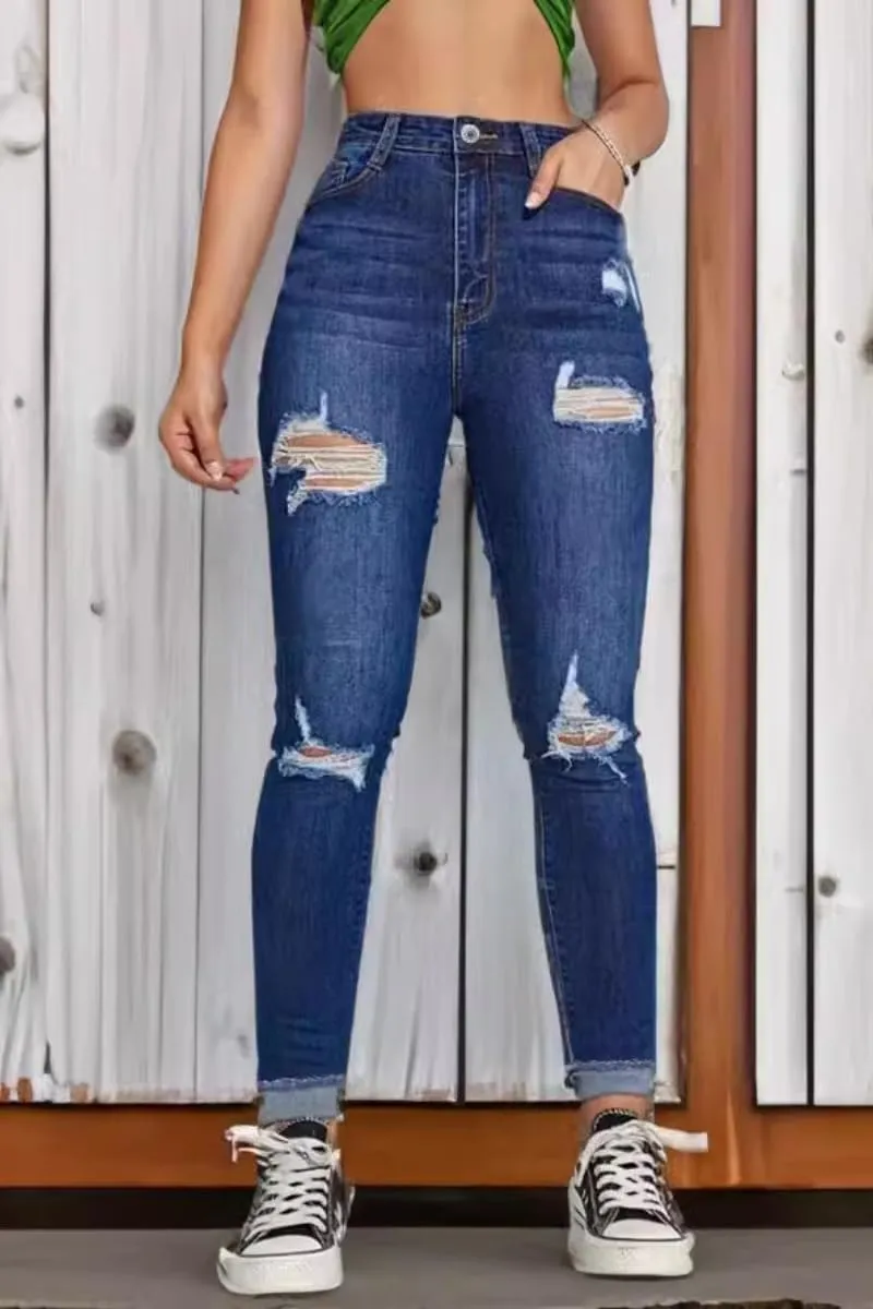 Women's High Rise Ripped Skinny Jeans Zipper Stretch Distressed Denim Pants