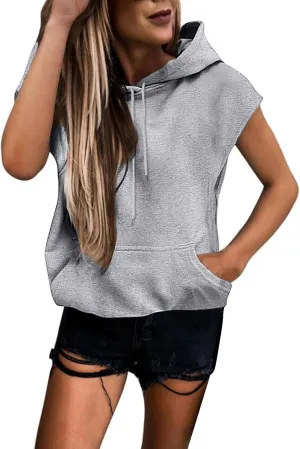 Women's Hoodies Casual Short Sleeve Drawstring Lightweight sports Hooded Sweatshirt Loose Pullover Tops with Pocket