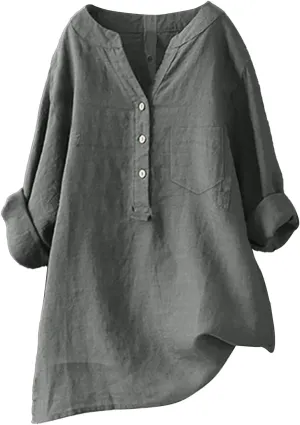Womens Linen Gauze Shirts 2025 Summer 3/4 Sleeve Button Down Henley Neck Tops Dressy Casual Beach Y2k Blouses Tunics
